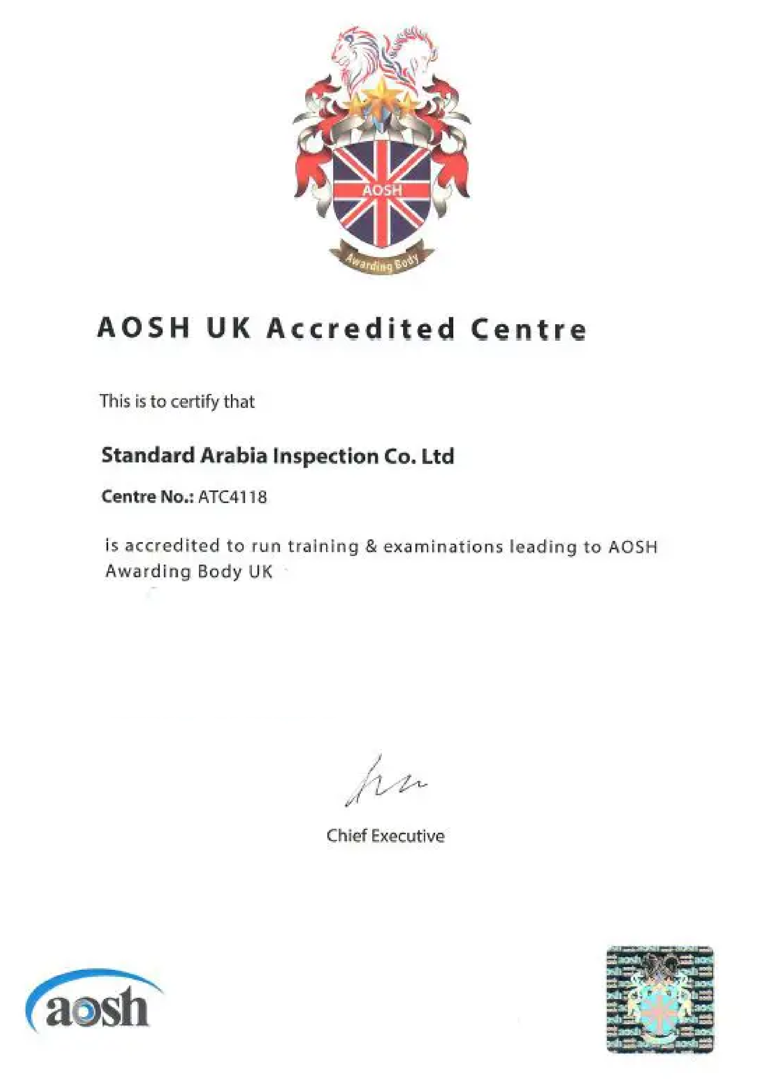 Standard Arabia Approved as AOSH UK Accredited Center